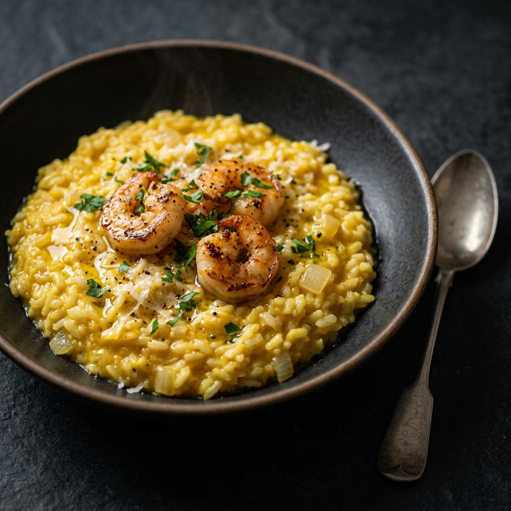 Risotto de Azafrán con Camarones al Ajo - ExtraVirgen.Store