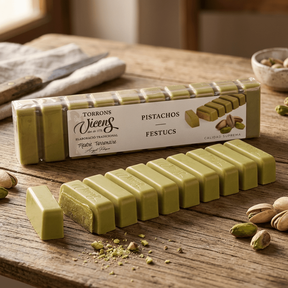 Turrón Pistacho Vicens 1 x 300 gr - Bombones - Vicens - 8410495954801 - ExtraVirgen.Store