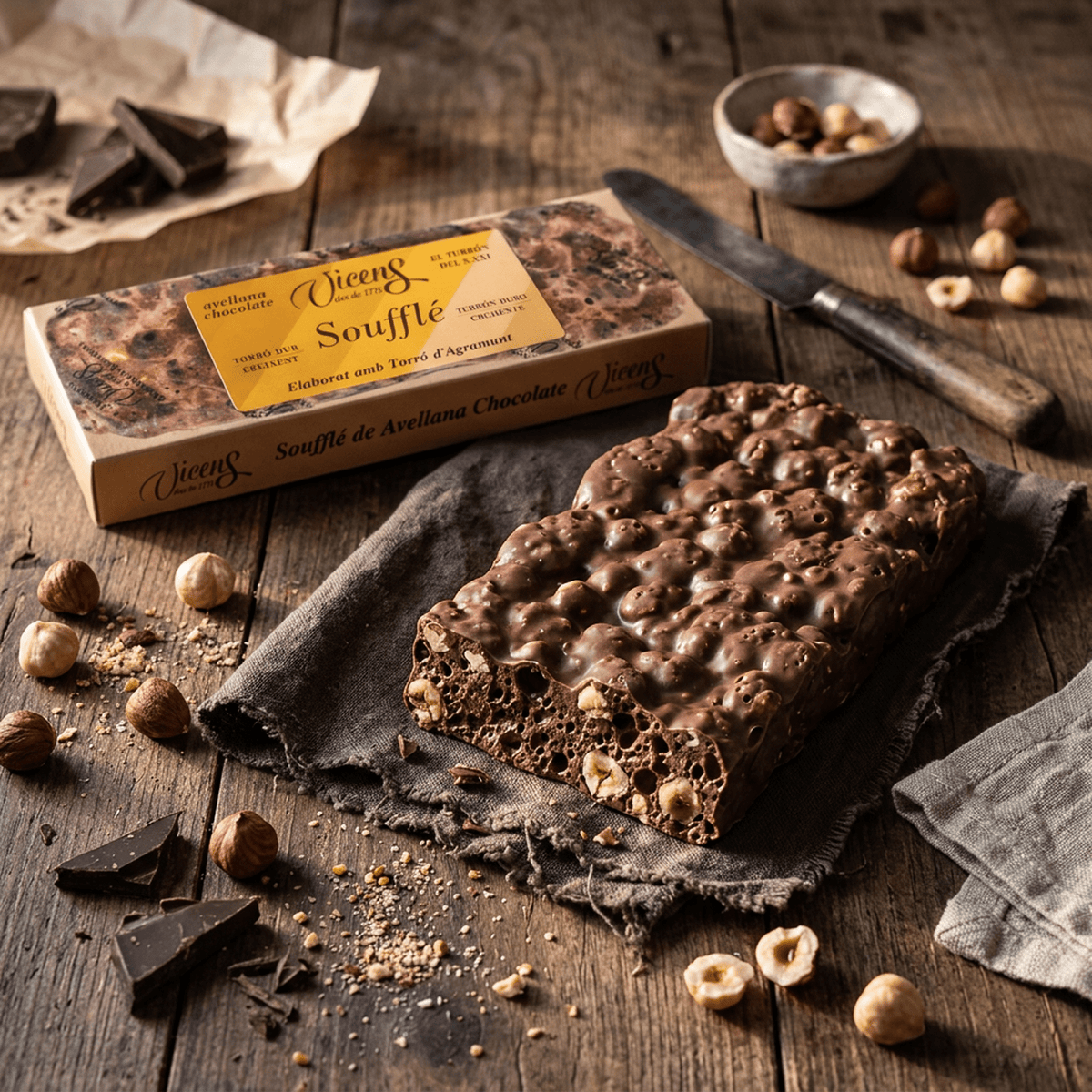 Turrónn Artesano Soufle Avellana Chocolate Vicens 1 x 80 gr - Bombones - Vicens - 8410495010590 - ExtraVirgen.Store