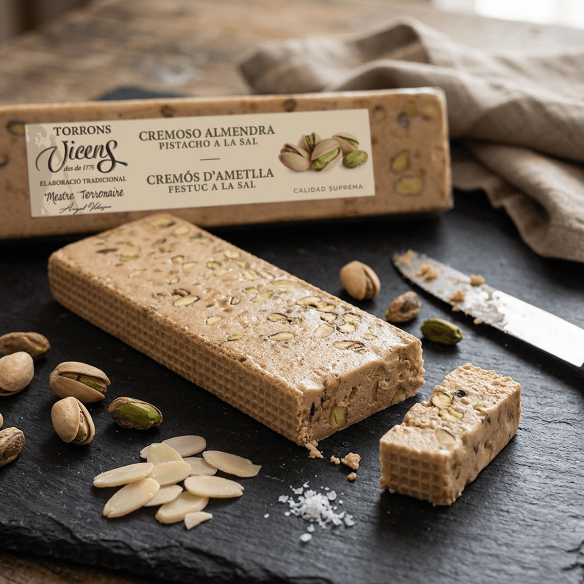 Turrón Almendra Pistacho a la Sal Vicens 1 x 300 gr - Turrones - Vicens - 8410495953927 - ExtraVirgen.Store