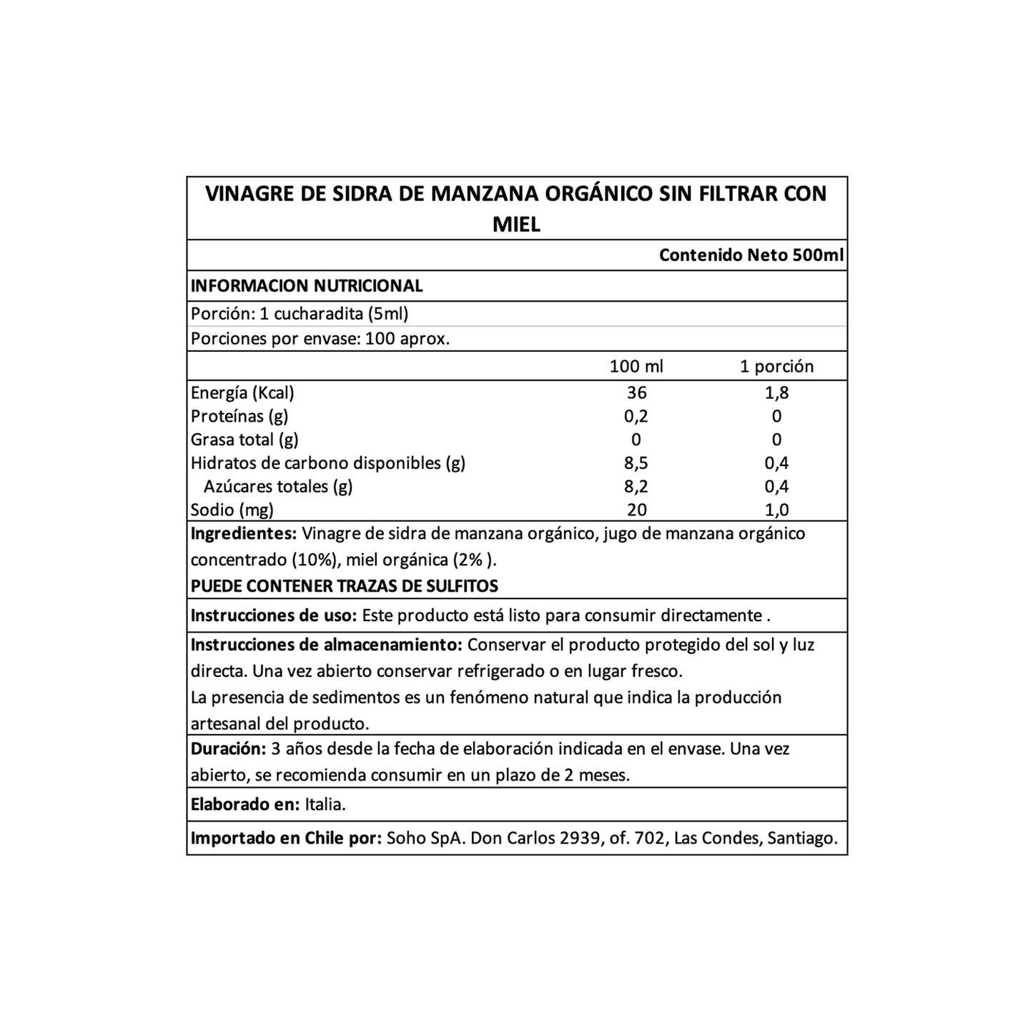 Vinagre de Manzana Orgánico con Madre y Miel Andrea Milano 1 x 500 ml - Andrea Milano - 8003407234247 - ExtraVirgen.Store