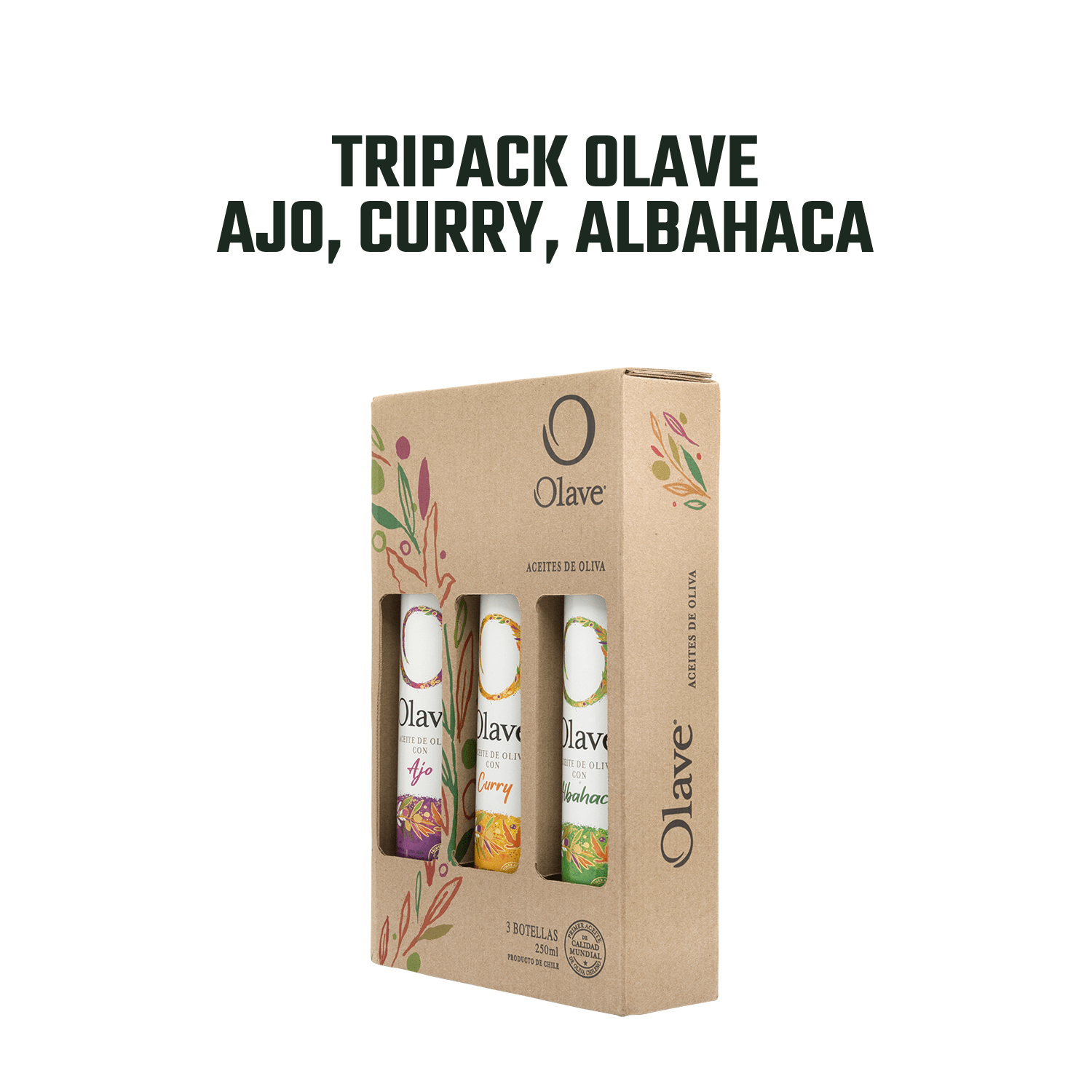 Olave / Aceite de Oliva Extra Virgen Tri - pack Ajo, Curry, Albahaca/250 ml, Caja 3 unidades - Especiado - Olave - 7808760901031 - ExtraVirgen.Store