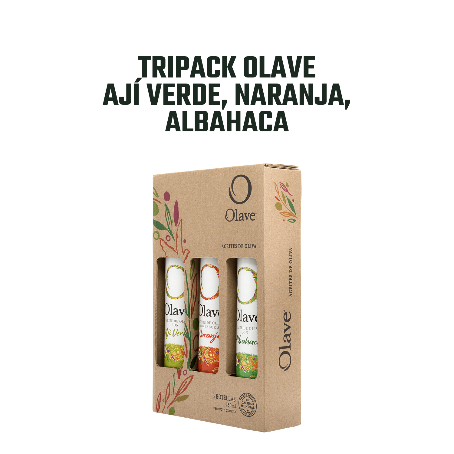 Olave / Aceite de Oliva Extra Virgen Tri - pack Aji, Naranja, Albahaca/250 ml, Caja 3 unidades - Especiado - Olave - 7808760901048 - ExtraVirgen.Store